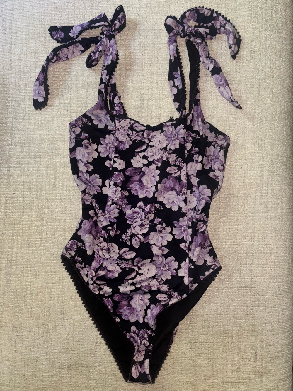 Beach Riot Floral One Piece Swimsuit Small Black Purple Tie Shoulder Floral Swim - Picture 2 of 8